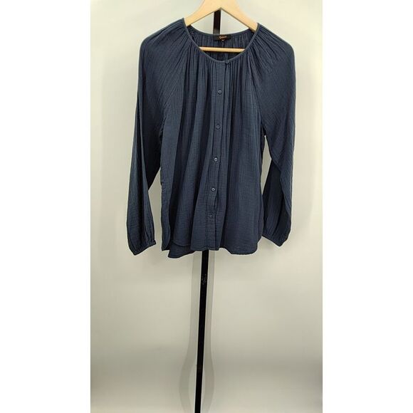Quince Womens 100% Organic Cotton Gauze Peasant Blouse Indigo Blue M - Picture 1 of 2